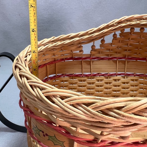 Handwoven Sleigh Basket Hand Painted Holly Band Cozy Cottage Holiday Decor - Picture 11 of 12